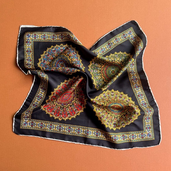 Vintage 1970s Black Silk Scarf With Four Ornate Circles - Picture 1 of 9